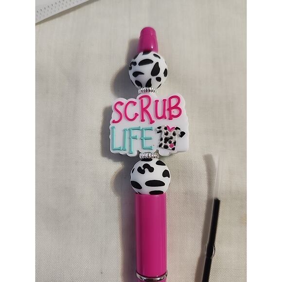 Bead Pen Scrub Life Nurse Silicone Beads Pink Black White Print Extra Ink Cartri - Picture 3 of 4